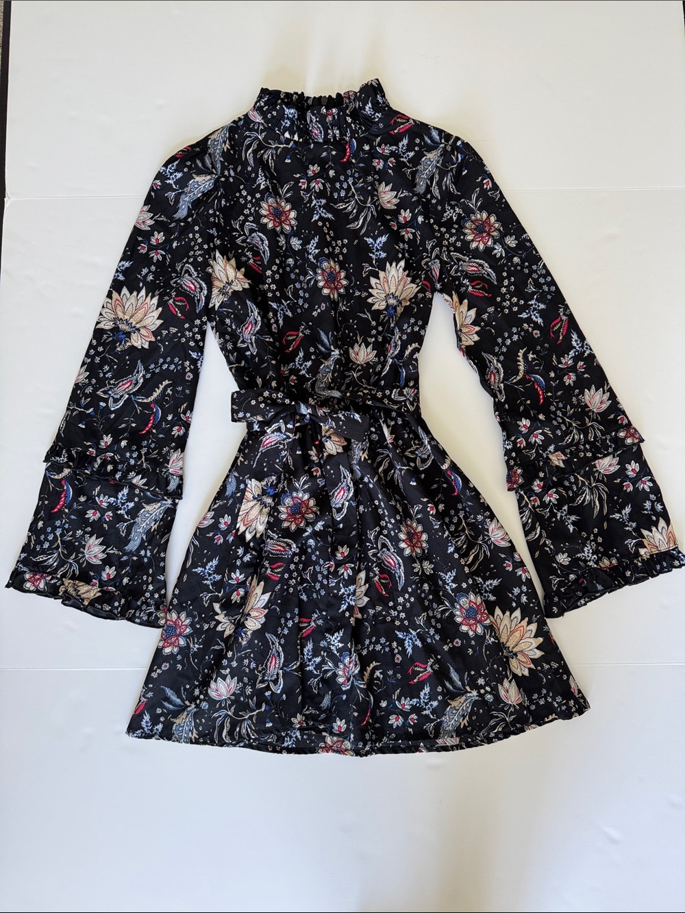 Parisian Black Floral Long Sleeve Smocked Neck Dress